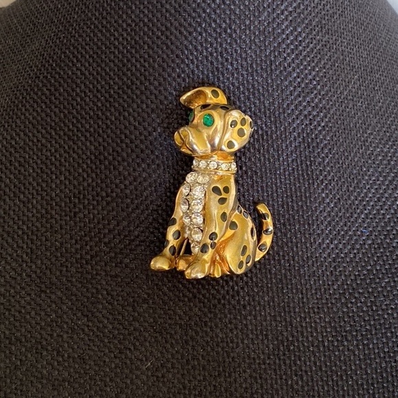 Dog Pin Gold Tone Crystal Rhinestones & Black Enamel Spots, Spotted Dog Brooch - Picture 1 of 11
